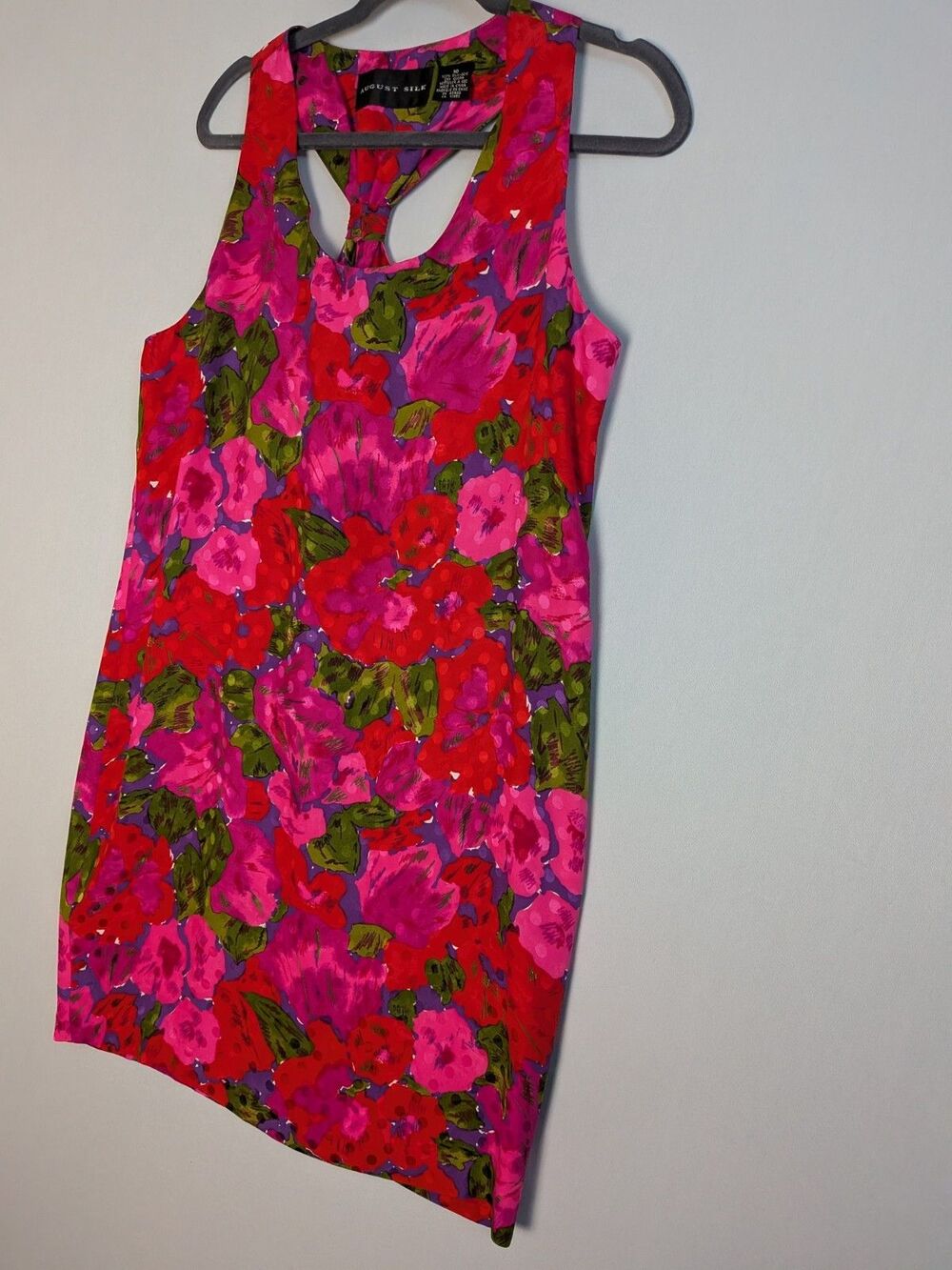 August Silk Dress Pink Green Floral 100% Silk Scoop Neck Racer Back Tank Sz 10 - Picture 4 of 13